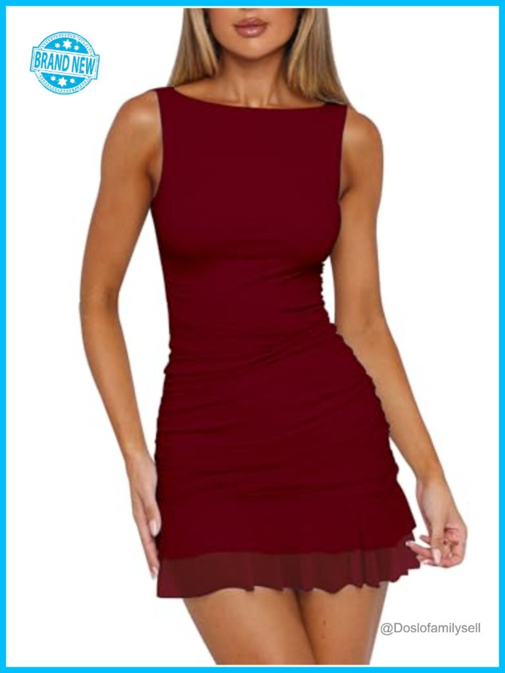 Women Sexy Bodycon Boat Neck Mesh Ruched Mini Party Dress Sleeveless